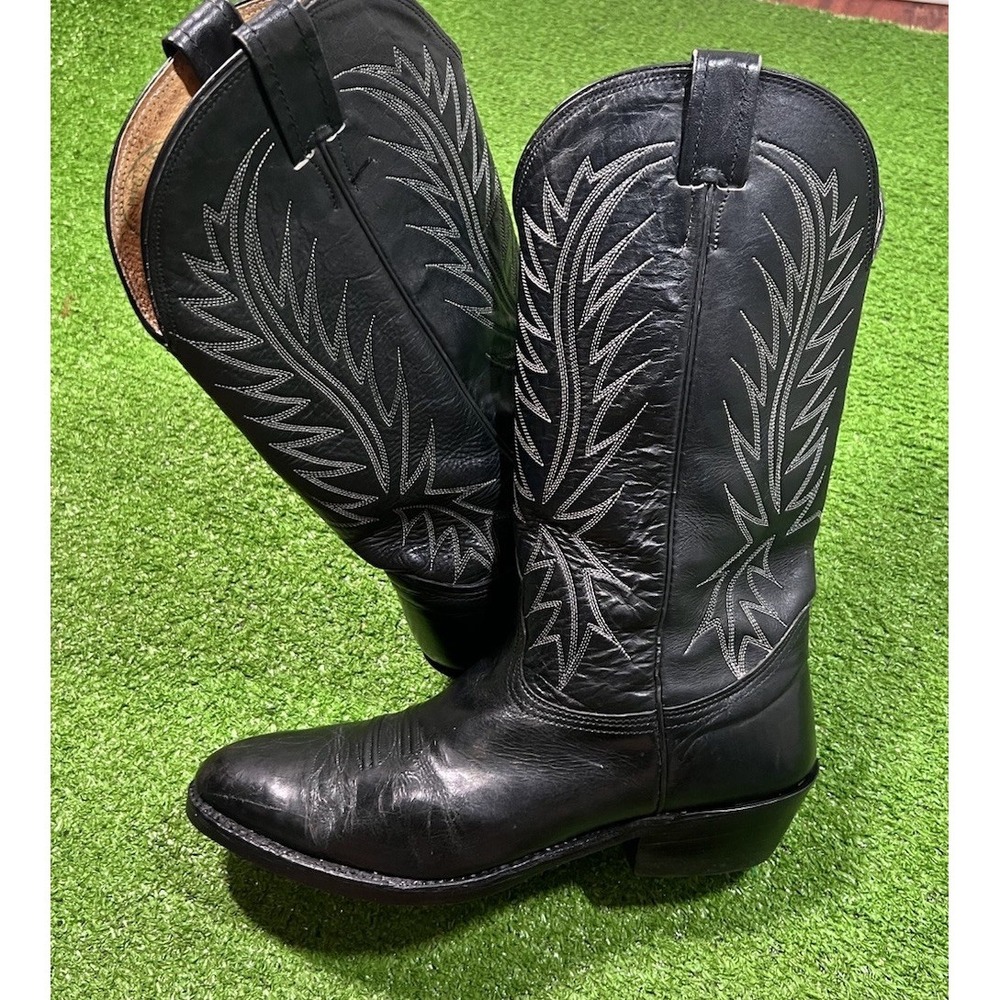Vintage Nocona Boots 10 D Black‎ Leather 8001 Calf Contrast Stitch Western 90s